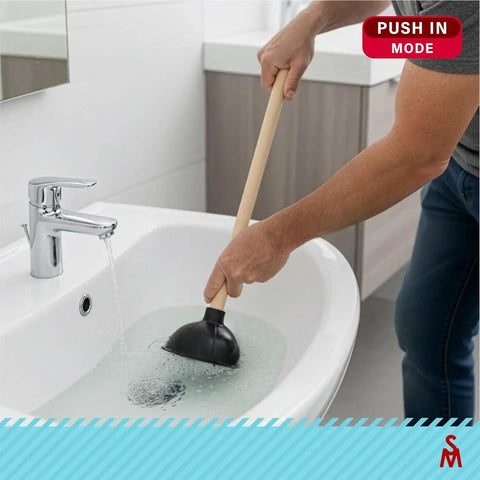 Person using Heavy Duty Toilet Plunger For Home And Pro Use, Commercial Grade With Solid Wood Handle, 22 Inch in bathtub