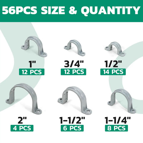 56 Piece PVC Pipe Strap Kit With Six Sizes Two Hole Plastic Pipe Clamps in various sizes for conduits and tubes