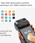 Plug And Chug Android 13 Handheld POS System With Integrated 58mm Thermal Printer showcasing 6.75" HD+ display and app icons.