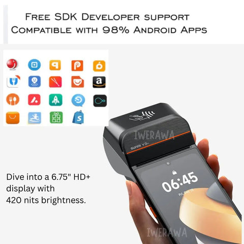 Plug And Chug Android 13 Handheld POS System With Integrated 58mm Thermal Printer showcasing 6.75" HD+ display and app icons.