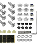 Built Tough Heavy Duty Stainless Steel License Plate Screws With Slick Chrome Cap Anti Theft Hex Bolts Tamper Resistant Auto Tag Fasteners kit components including screws, caps, washers, and tool.