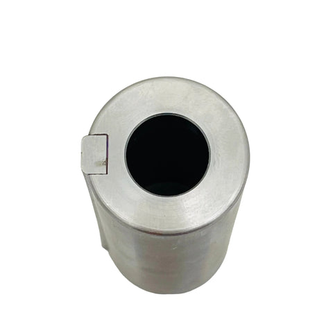 Metal cylindrical crankshaft adapter bushing, silver finish with central bore, front view