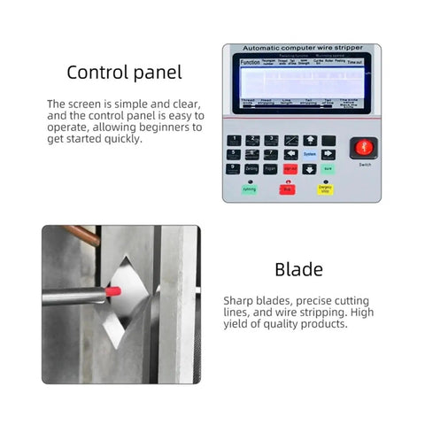Control panel and blade of Heavy Duty Automatic Electric Wire Stripper And Cutter Machine Strips Cuts Together Handles Sheathed Cables Point One To Six Millimeter Gauge Built Tough No Hassle.