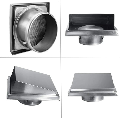 Pro Grade Six Inch Stainless Steel Square External Exhaust Vent Cover With 45 Degree Louvers And Mesh Screen, multiple angles view