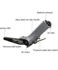 Top Shelf Pneumatic Belt Sander With Retractable Trigger and Ultra Thin Pressure Plate showing detailed parts and features.