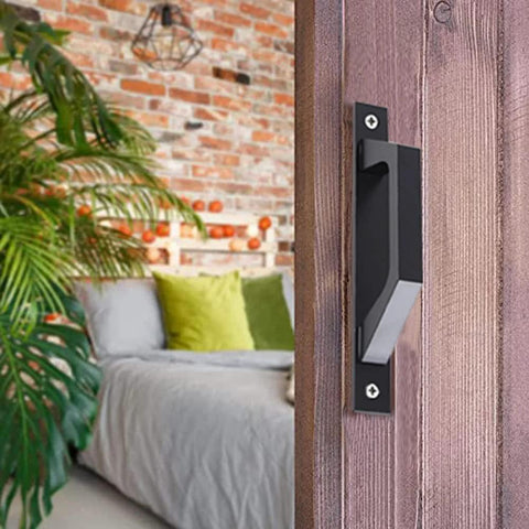 Side view of black 7.9 inch sliding barn door handle on wooden door, ideal for barn doors gates cabinets closets farmhouse decor multifunctional