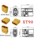 XT90 Male To Male 10AWG Extension Cable connectors with diagram showing measurements and design details