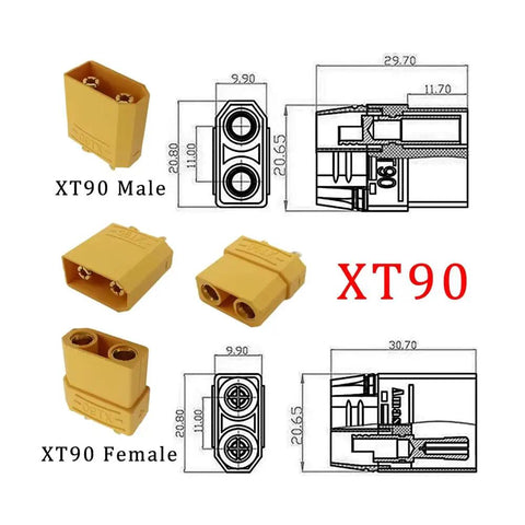 XT90 Male To Male 10AWG Extension Cable connectors with diagram showing measurements and design details