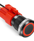 12V Latching Push Button Switch With Waterproof LED Ring Red Light For Car On Off Power Button 0.63 Inch Mount Hole Self Locking Black Shell Tough As Nails Wiring Socket Plug showing side view with red LED ring and black shell.
