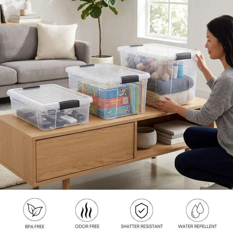 Clear Plastic Storage Bins With Snap On Lids For Home Office Organization Stackable Crates BPA Free Non Toxic Craft And Tool Organizer 13.7 Quart 12 Pack, organized on a coffee table.