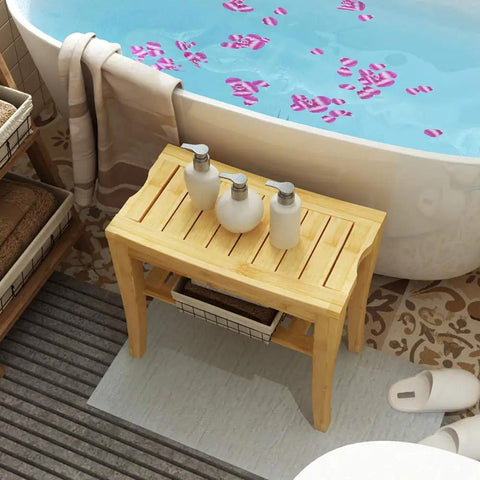 Sturdy Bamboo Shower Bench Seat With Storage Shelf Organizer Waterproof Bathroom Chair for shower tub and balcony next to bathtub