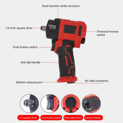 Professional 1/2 Inch Drive Air Impact Wrench With 1200 Newton Meter Torque 10000 Rpm shown with ergonomic grip features and controls.