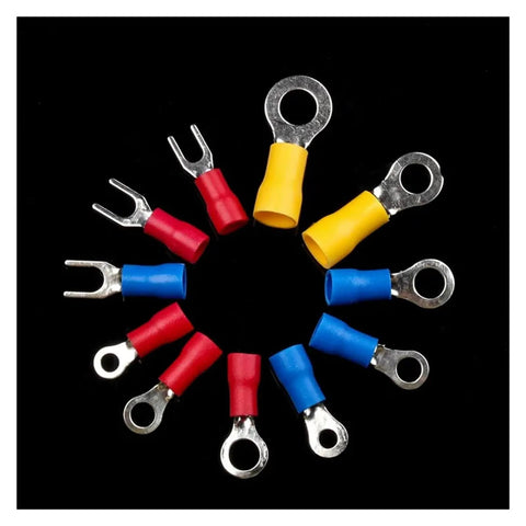 Check Out This Awesome 300 Piece Kit Of Assorted Full Insulated Wire Crimp Terminals And Spade Connectors With Butt Terminals For Solid Electrical Wiring Projects That Are Totally Rad And Easy To Use. Assorted insulated ring and spade terminals, red blue yellow, on black background