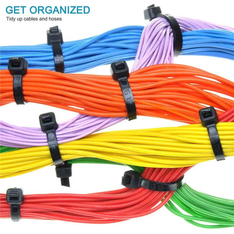 Heavy Duty Eight Inch Cable Zip Ties 100 Pack With Fifty Pound Tensile Strength, used to bundle colorful wires securely.