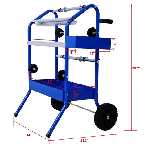 Mobile 18 Inch Multi Roll Masking Paper Machine With Storage Trays And Tape Dispenser Stand For Car Paint Prep And Body Shop, Blue shown