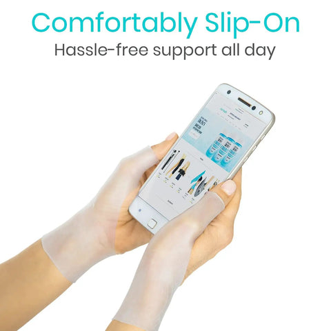 Person using a smartphone while wearing a Gel Thumb And Wrist Support Brace For Pain Relief And Swelling Waterproof Cool Wrap For Arthritis De Quervain Tenosynovitis Tendonitis Sprains Left Or Right Hand Stabilizer For All Day Comfy.