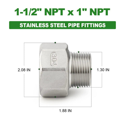304 Stainless Steel Reducer Adapter Pipe Fitting 1 Inch NPT Male To 1-1/2 Inch NPT Female, dimensions indicated, side view.