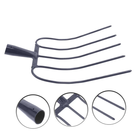 Heavy Duty Handheld Manure Fork For Farming And Gardening, solid iron, dark blue finish, for composting and horse manure handling.