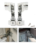Integrated Fridge Door Hinge Set for Left and Right Doors, Hettich 5.0 41.5 Type, heavy duty silver finish, close-up view