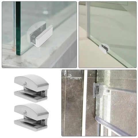 Adjustable Sliding Shower Door Bottom Guide 2 Pack Glass Door Stopper For Bathroom Track Hardware Anti Swing Limiter shown installed and standalone