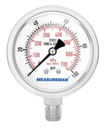 Front view of 2.5-inch stainless steel pressure gauge, glycerin-filled, 0–100 psi with 1/4 NPT bottom connection.