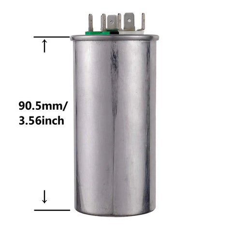 Dual Run Circular Start Capacitor 25/5uF 370/450V AC CBB65 with 6 Percent Tolerance, metal shell, showing measurements