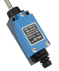 Close-up of Cat Whisker Flexible Coil Spring Momentary Limit Switch ME8169 with blue zinc alloy housing for industrial equipment.