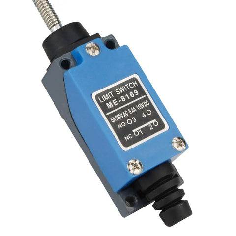 Close-up of Cat Whisker Flexible Coil Spring Momentary Limit Switch ME8169 with blue zinc alloy housing for industrial equipment.