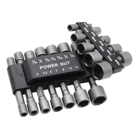 Workhorse 9 Piece Socket Sleeve Set Featuring Hexagonal Wrench Adapters And Pneumatic Extension Rods showing various metal sockets with sizes.