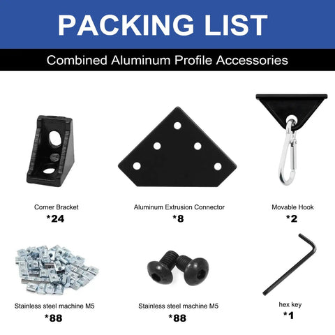 Heavy Duty 34 Pack 2020 Aluminum Extrusion Corner Brackets And Hardware Kit with L shaped plates corner angles sliding hook T nuts and screws for 20x20 series black