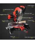 Rock Solid 1800w Circular Miter Saw Kit With 45 Degree Angle Capability showing detailed components including saw blade and angle adjustment.