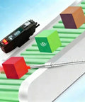 Go-To NPN Fiber Optic Sensor with LED dual digital display showing high definition readouts used for detecting parts on production line.