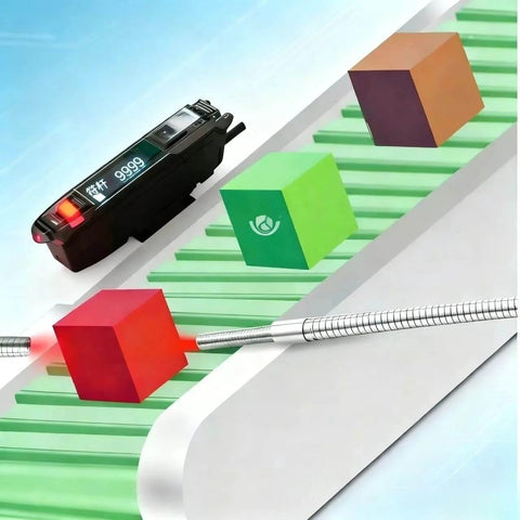 Go-To NPN Fiber Optic Sensor with LED dual digital display showing high definition readouts used for detecting parts on production line.