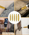 Six Piece Screw Extractor Set For Damaged Screws Quick Fix Kit with Titanium Coated HSS Drill Bits used on screws and bolts
