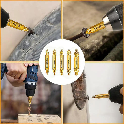Six Piece Screw Extractor Set For Damaged Screws Quick Fix Kit with Titanium Coated HSS Drill Bits used on screws and bolts