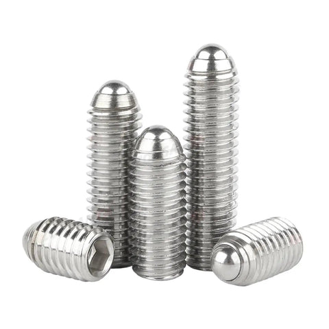 Built Tough 304 Stainless Steel Spring Ball Plunger Set Screws M8 X 40Mm Hex Socket Allen Drive Grade 12.9 Black Industrial Precision Positioning Hardware 5 Pack displayed in a close-up view.