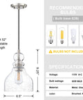 3 Pack One Light Pendant Ceiling Light For Kitchen Island 6.5 Inch Hand Blown Seeded Glass Brushed Nickel Finish Specifications