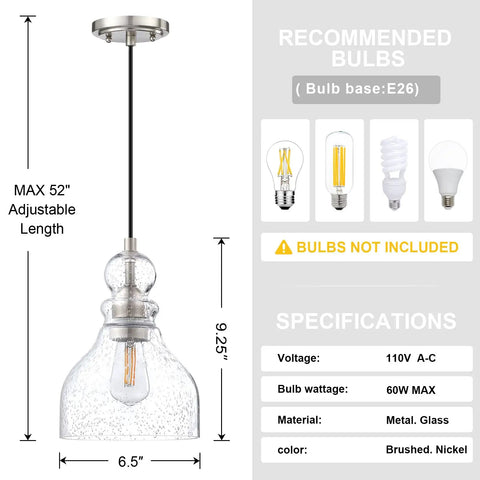 3 Pack One Light Pendant Ceiling Light For Kitchen Island 6.5 Inch Hand Blown Seeded Glass Brushed Nickel Finish Specifications