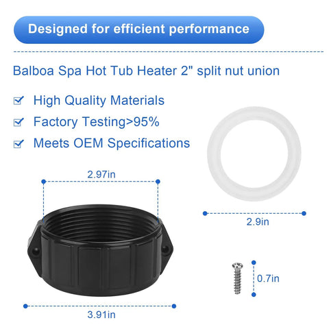 Black split nut union, white O-ring, and silver screw for 2 Inch Spa Heater Split Nut Unions With Screw O Rings Replacement For Balboa Gecko