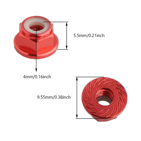 Tune Up Your Ride With These 8 Fresh Red M4 Flange Lock Nuts Built For 1 10 Scale Rc Cars Featuring Serrated Nylon Inserts And Lightweight Aluminum Wheels Upgraded Replacement Hardware, showing red M4 flange lock nut dimensions.