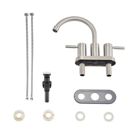 Brushed Nickel 2-Handle Centerset Bathroom Faucet With 360 Degree Swivel High Arc Spout Including Pop Up Drain And Water Hoses