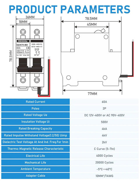 60A DC Circuit Breaker With Remote Control, 12V-400V DC And 90-400V AC; technical drawing with dimensions and specs