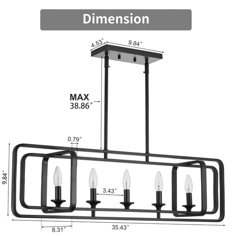 Modern Farmhouse 5 Light Kitchen Island Pendant Chandelier In Black Metal, Adjustable Rotatable Frame dimensions