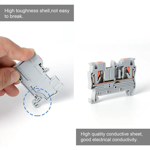Top Shelf 100 Piece Push In Terminal Blocks for Smooth Screwless Wiring, showing PA66 housing and copper contacts.