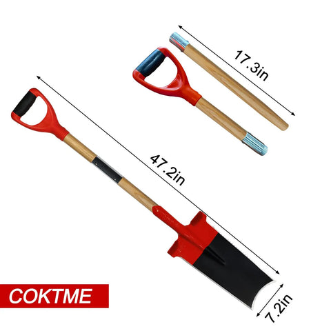 Do It All Steel Square Shovel With D Handle For Digging, Trenching, Lawn Edging And Root Work, Serrated Crescent Edge, 47.2 Inch Length, Red And Black Heavy Duty Garden Spade For Tough Dirt placed against white background.