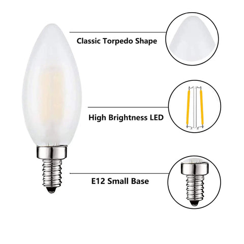 Soft White Frosted Candelabra LED Bulbs 3000K Dimmable 2W 25W Equivalent B11 Candle Shape features