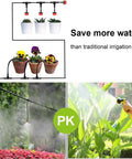 Diagram of 50 Foot Automatic Drip Irrigation System Kit For Garden and Greenhouse with potted plants and misting nozzle.