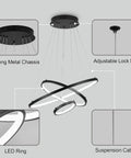Diagram of Three-Ring Black LED Chandelier For High Ceilings, 79 Inch Adjustable Hanging Light For Living Room, Modern Statement Piece