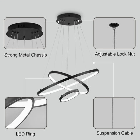 Diagram of Three-Ring Black LED Chandelier For High Ceilings, 79 Inch Adjustable Hanging Light For Living Room, Modern Statement Piece
