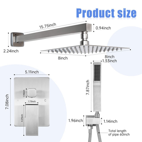 Concealed Dual Function Pressure Balanced Shower Valve With Rainfall Head Hand Shower And Hose In Brushed Nickel Finish dimensions